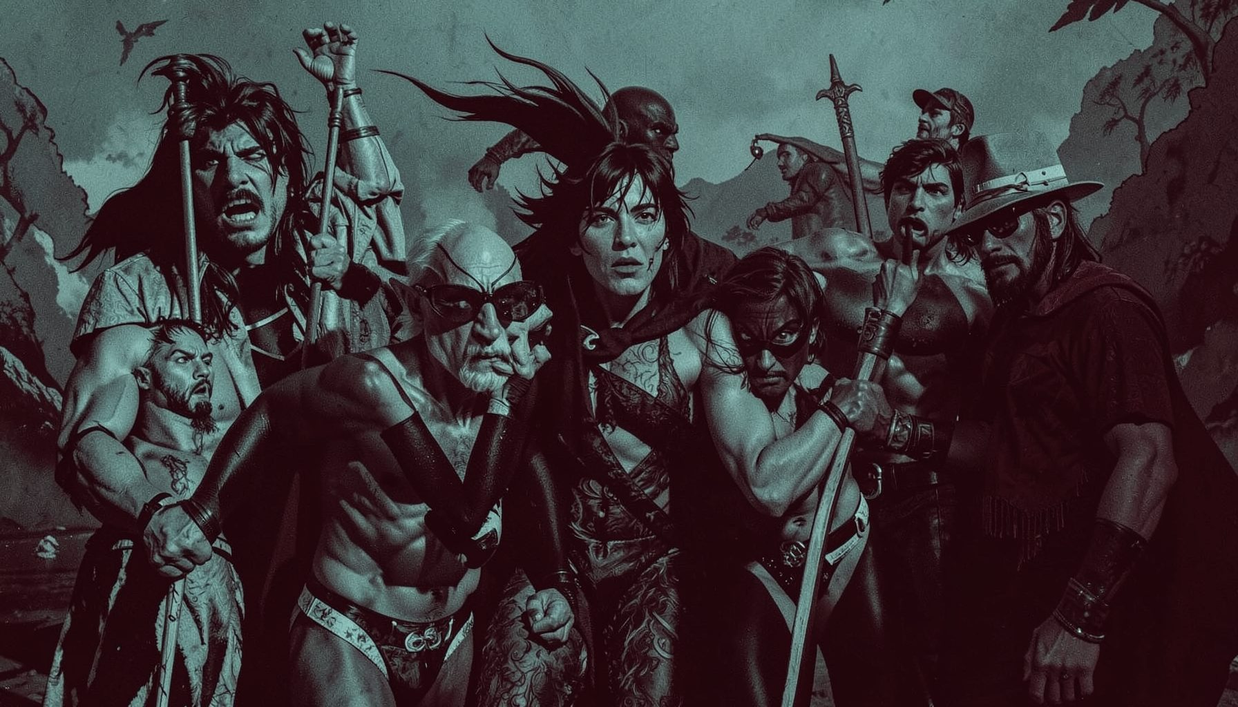Surreal superhero group shot with muted teal and burgundy tones, offbeat mood