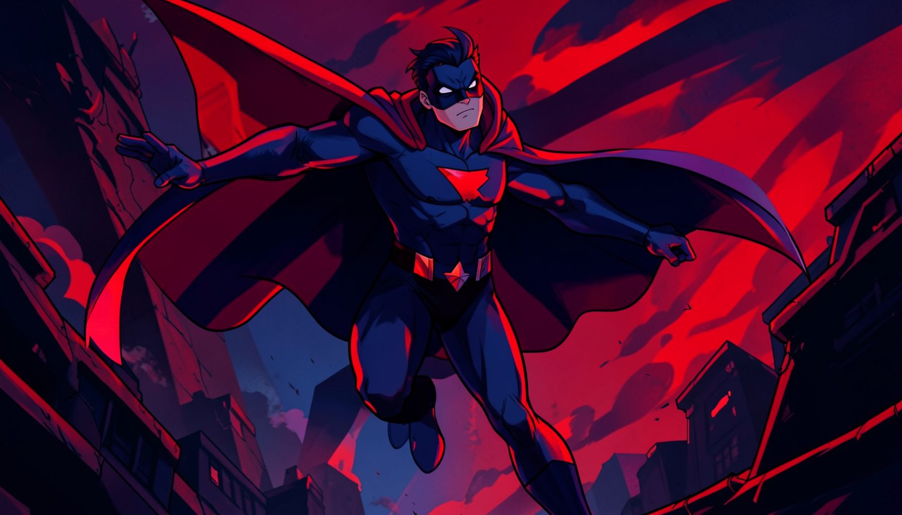 Animated superhero scene with bold reds and deep blues, energetic mood