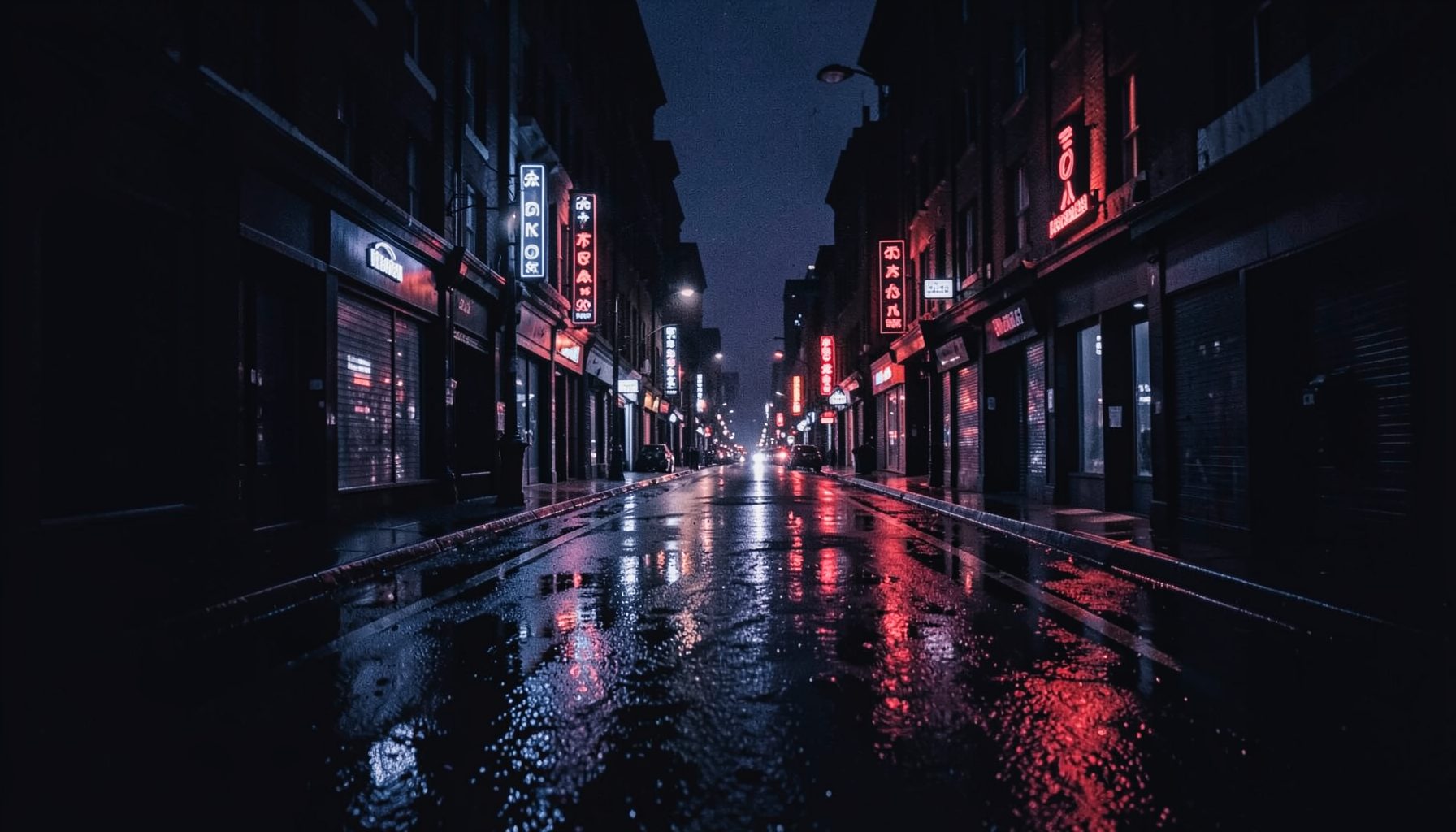 Dark city street at night with neon reflections on wet pavement, deep blue and purple duotone, moody atmosphere