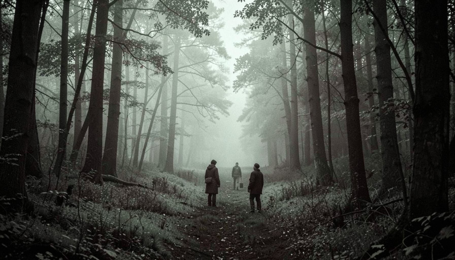 Misty forest clearing with two figures standing apart, muted green and grey duotone, contemplative mood