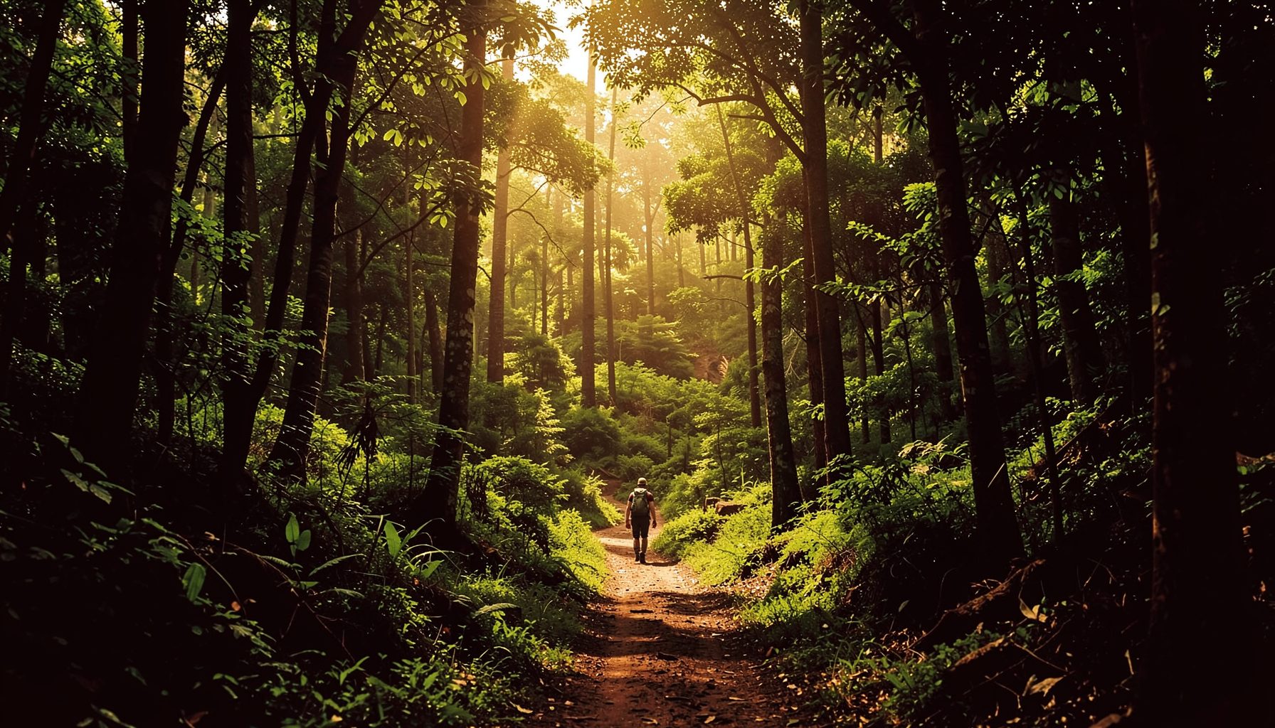 A vast green forest landscape with a small figure walking along a dirt path, golden sunlight filtering through trees, adventurous and heartfelt mood