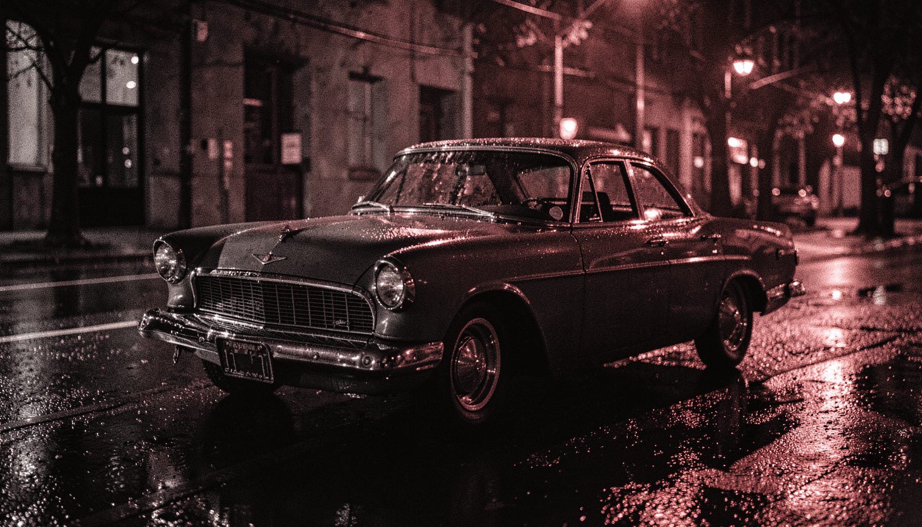 A vintage car parked on a rain-slicked street at night, neon reflections in puddles, moody and noir atmosphere